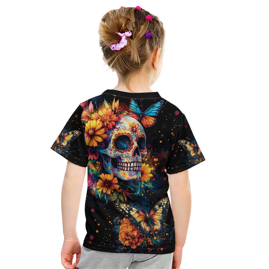 Mexican La Calaca and Marigold Flowers Kid T Shirt Skull Day Of The Dead - Wonder Print Shop