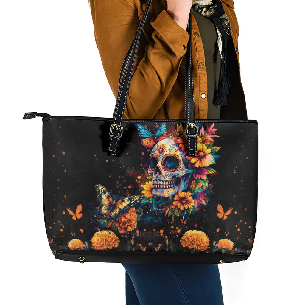 Mexican La Calaca and Marigold Flowers Leather Tote Bag Skull Day Of The Dead - Wonder Print Shop