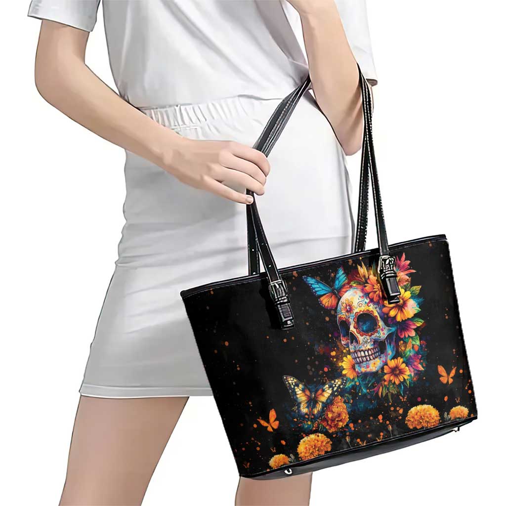 Mexican La Calaca and Marigold Flowers Leather Tote Bag Skull Day Of The Dead - Wonder Print Shop