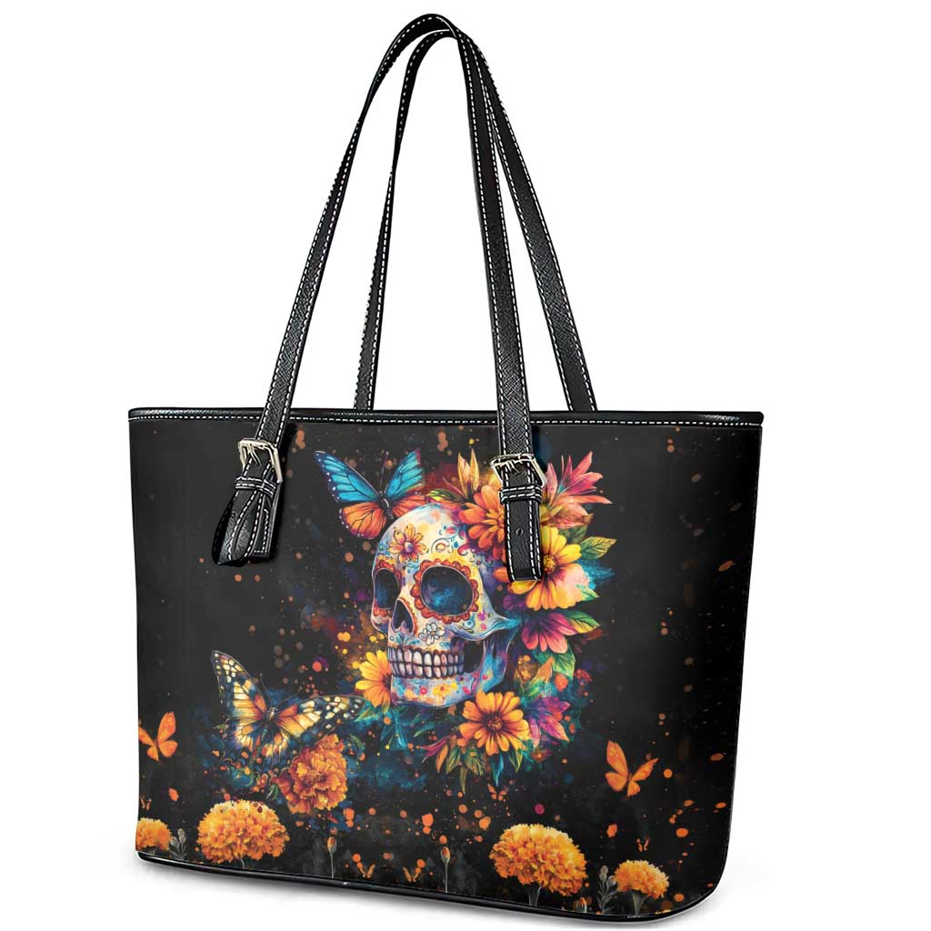 Mexican La Calaca and Marigold Flowers Leather Tote Bag Skull Day Of The Dead - Wonder Print Shop