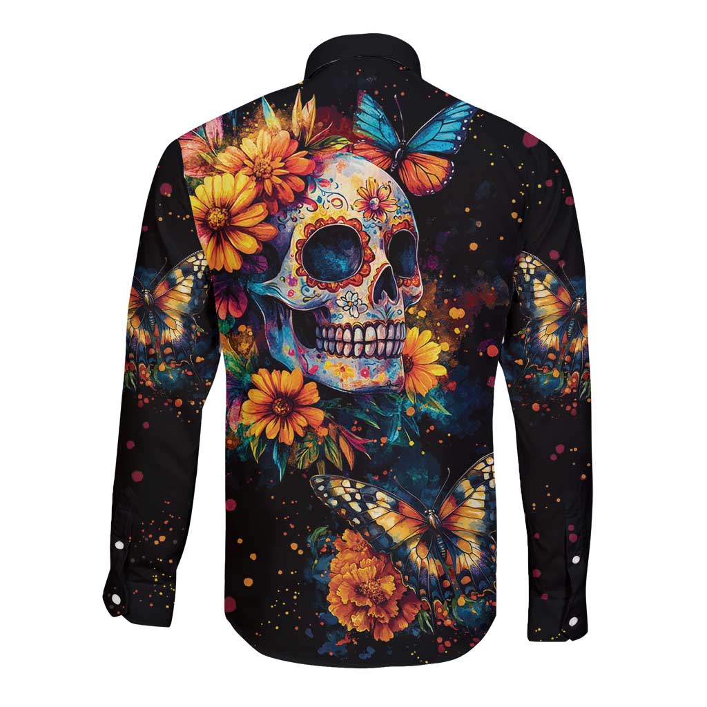 Mexican La Calaca and Marigold Flowers Long Sleeve Button Shirt Skull Day Of The Dead - Wonder Print Shop