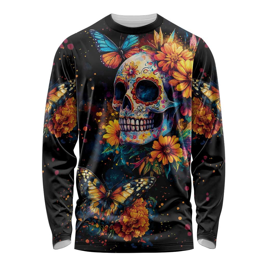 Mexican La Calaca and Marigold Flowers Long Sleeve Shirt Skull Day Of The Dead - Wonder Print Shop