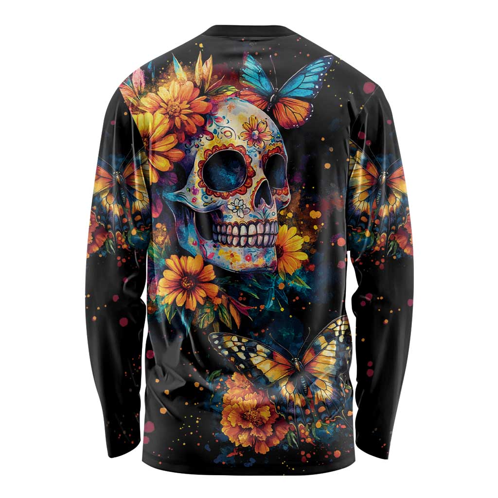 Mexican La Calaca and Marigold Flowers Long Sleeve Shirt Skull Day Of The Dead - Wonder Print Shop