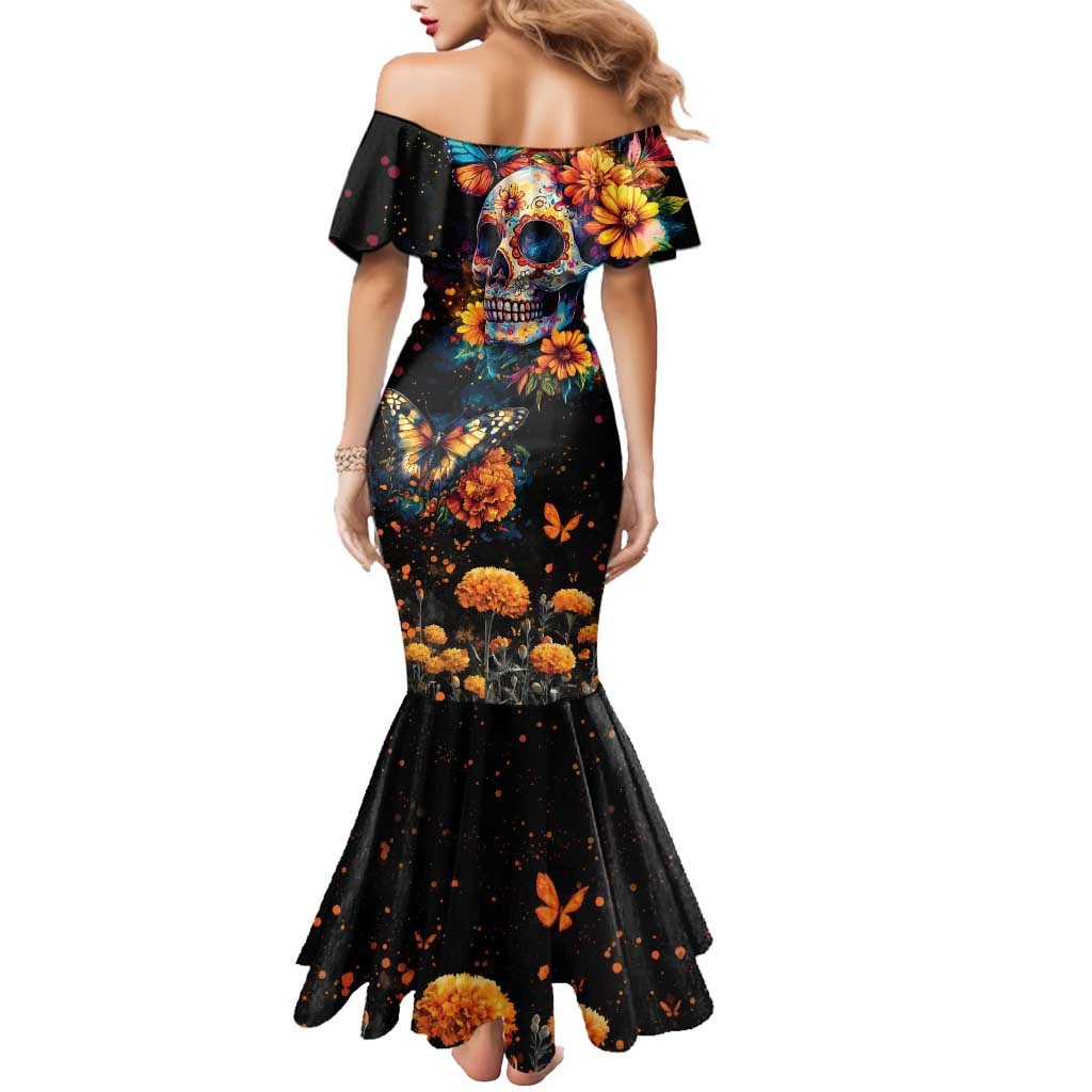 Mexican La Calaca and Marigold Flowers Mermaid Dress Skull Day Of The Dead - Wonder Print Shop
