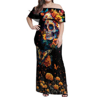Mexican La Calaca and Marigold Flowers Off Shoulder Maxi Dress Skull Day Of The Dead - Wonder Print Shop