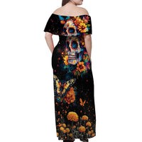Mexican La Calaca and Marigold Flowers Off Shoulder Maxi Dress Skull Day Of The Dead - Wonder Print Shop