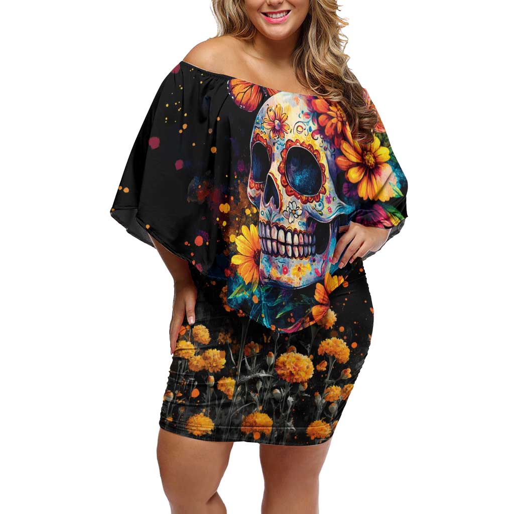 Mexican La Calaca and Marigold Flowers Off Shoulder Short Dress Skull Day Of The Dead - Wonder Print Shop