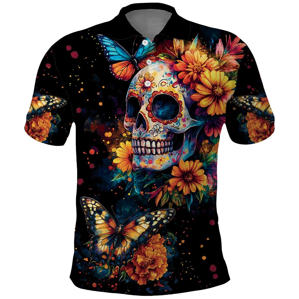 Mexican La Calaca and Marigold Flowers Polo Shirt Skull Day Of The Dead - Wonder Print Shop
