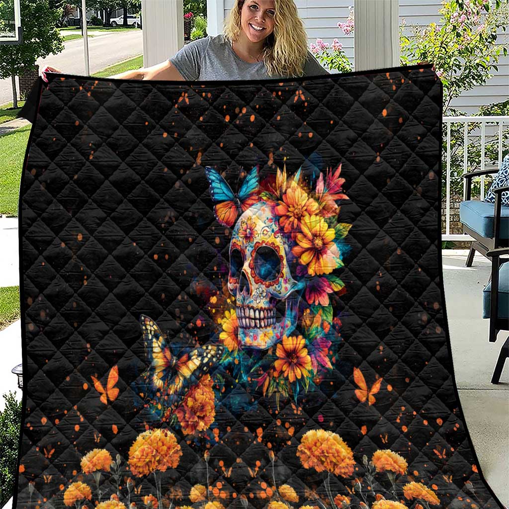 Mexican La Calaca and Marigold Flowers Quilt Skull Day Of The Dead - Wonder Print Shop