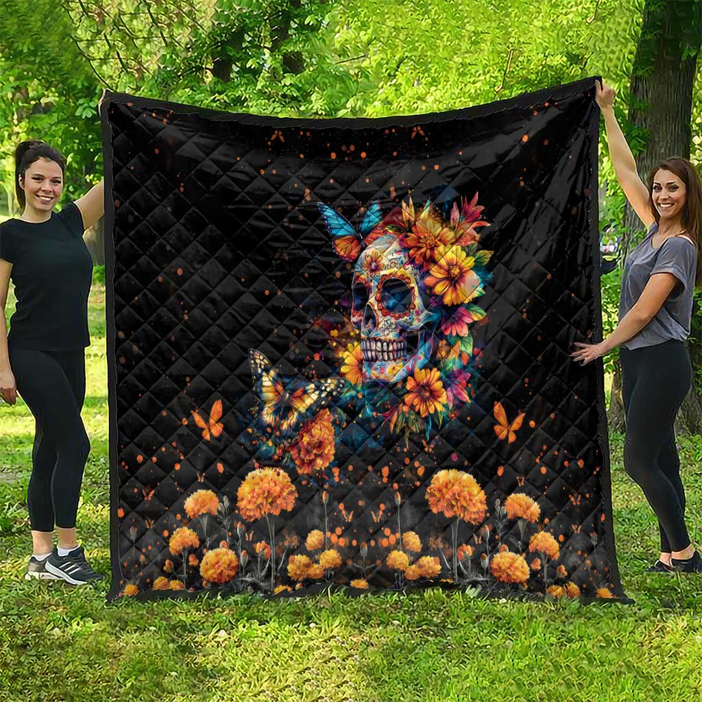 Mexican La Calaca and Marigold Flowers Quilt Skull Day Of The Dead - Wonder Print Shop