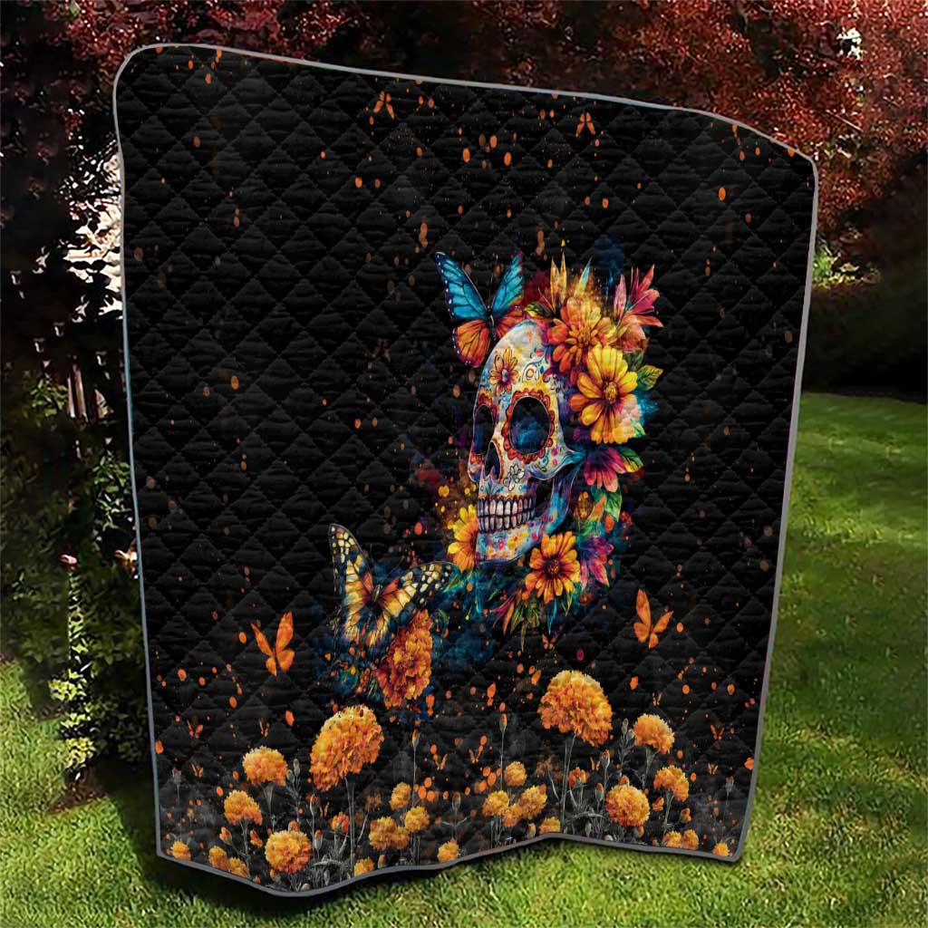 Mexican La Calaca and Marigold Flowers Quilt Skull Day Of The Dead - Wonder Print Shop