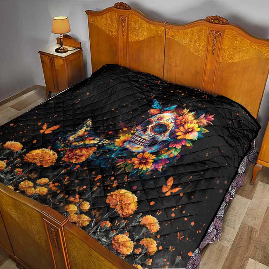 Mexican La Calaca and Marigold Flowers Quilt Skull Day Of The Dead - Wonder Print Shop