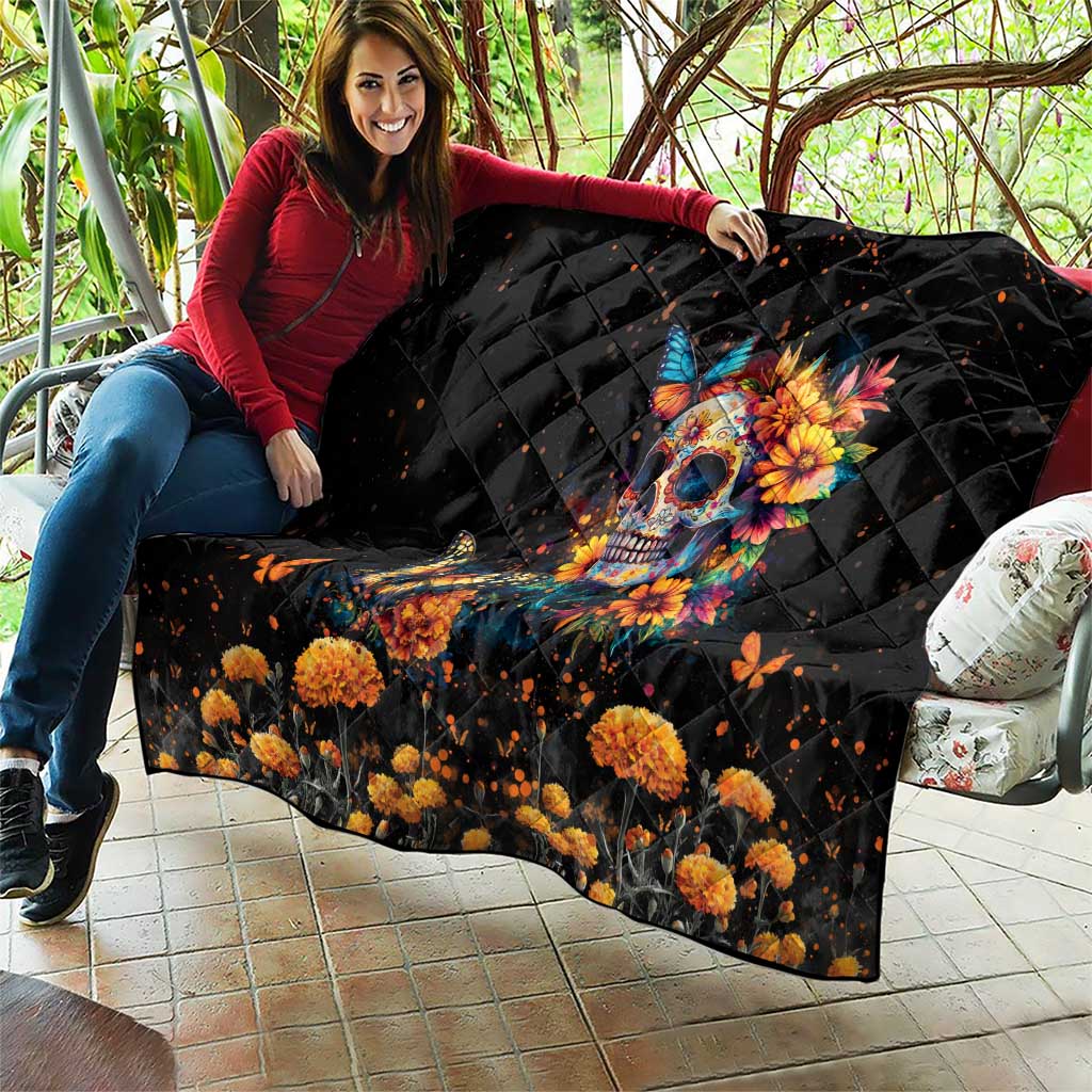 Mexican La Calaca and Marigold Flowers Quilt Skull Day Of The Dead - Wonder Print Shop