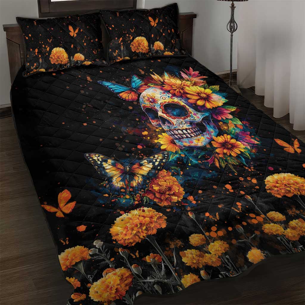 Mexican La Calaca and Marigold Flowers Quilt Bed Set Skull Day Of The Dead - Wonder Print Shop
