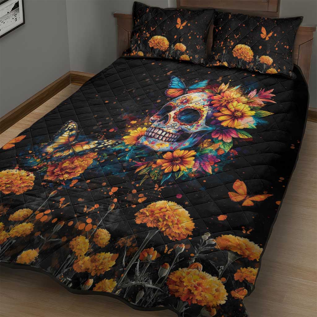 Mexican La Calaca and Marigold Flowers Quilt Bed Set Skull Day Of The Dead - Wonder Print Shop
