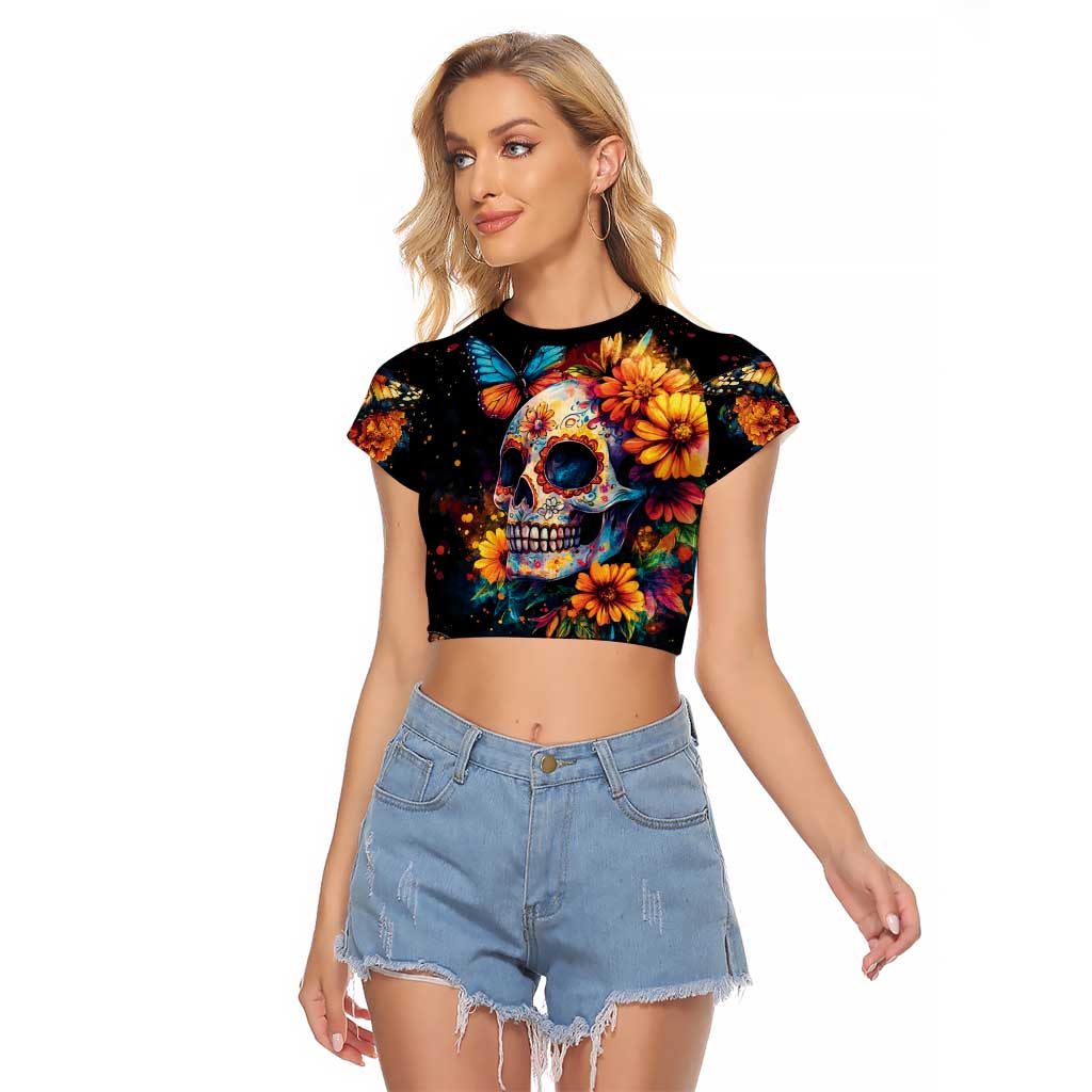 Mexican La Calaca and Marigold Flowers Raglan Cropped T Shirt Skull Day Of The Dead - Wonder Print Shop