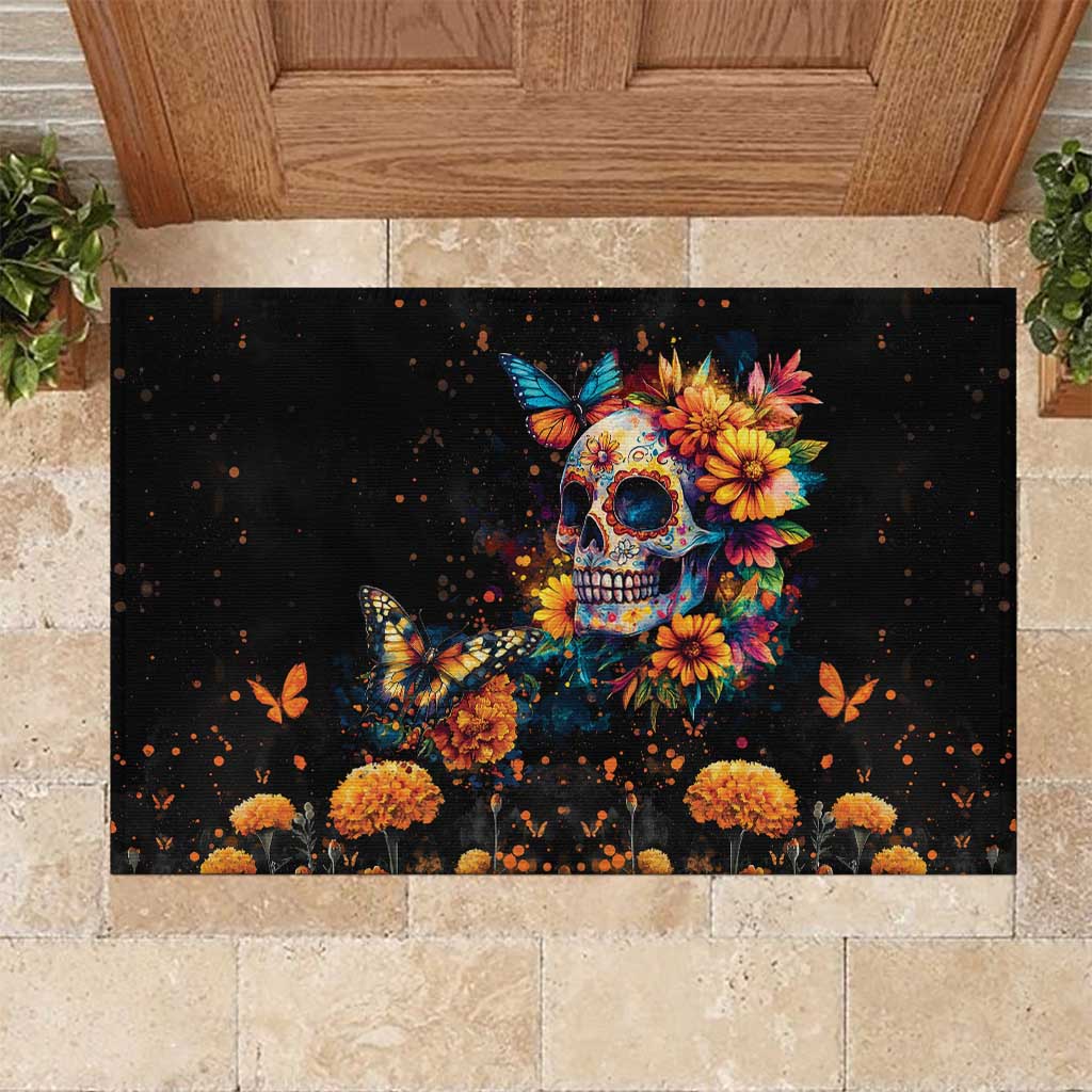 Mexican La Calaca and Marigold Flowers Rubber Doormat Skull Day Of The Dead - Wonder Print Shop