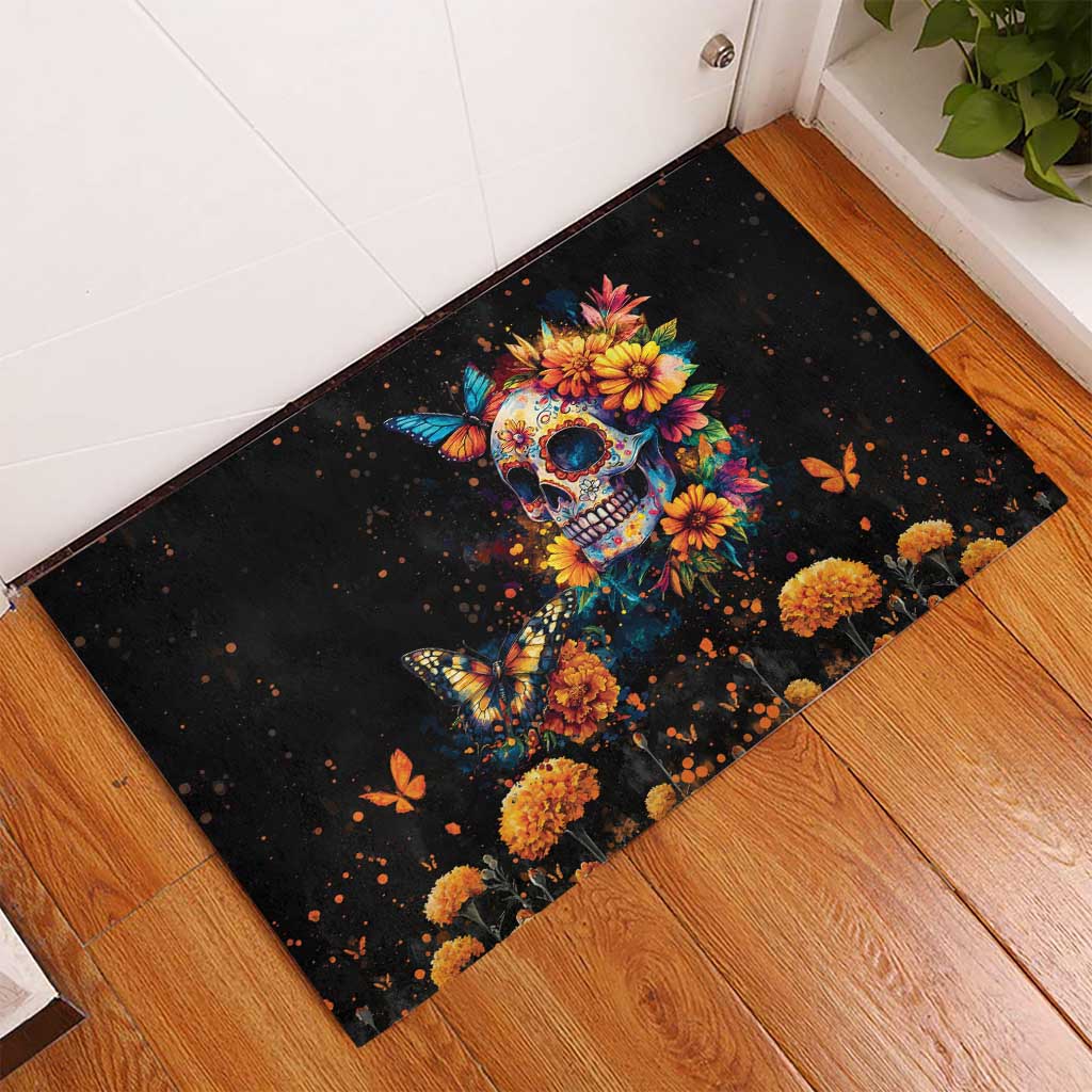 Mexican La Calaca and Marigold Flowers Rubber Doormat Skull Day Of The Dead - Wonder Print Shop