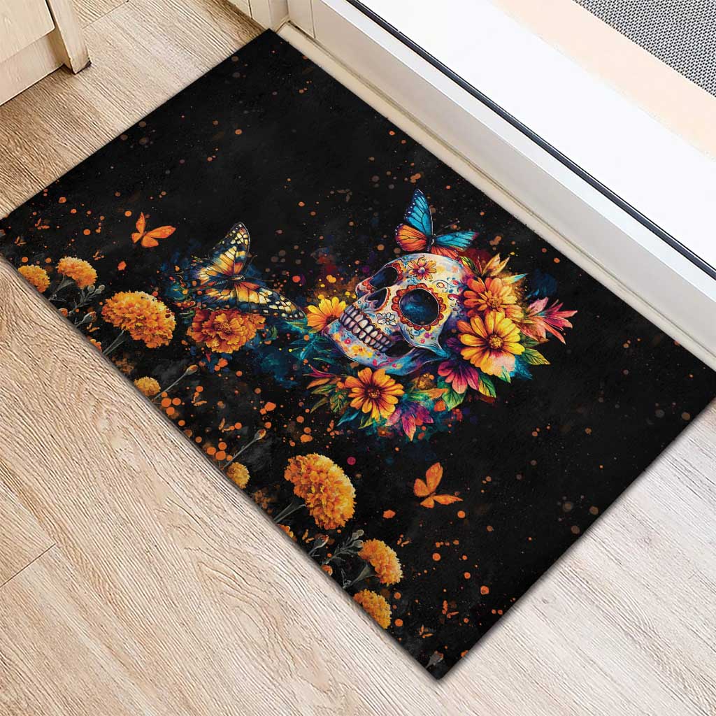 Mexican La Calaca and Marigold Flowers Rubber Doormat Skull Day Of The Dead - Wonder Print Shop