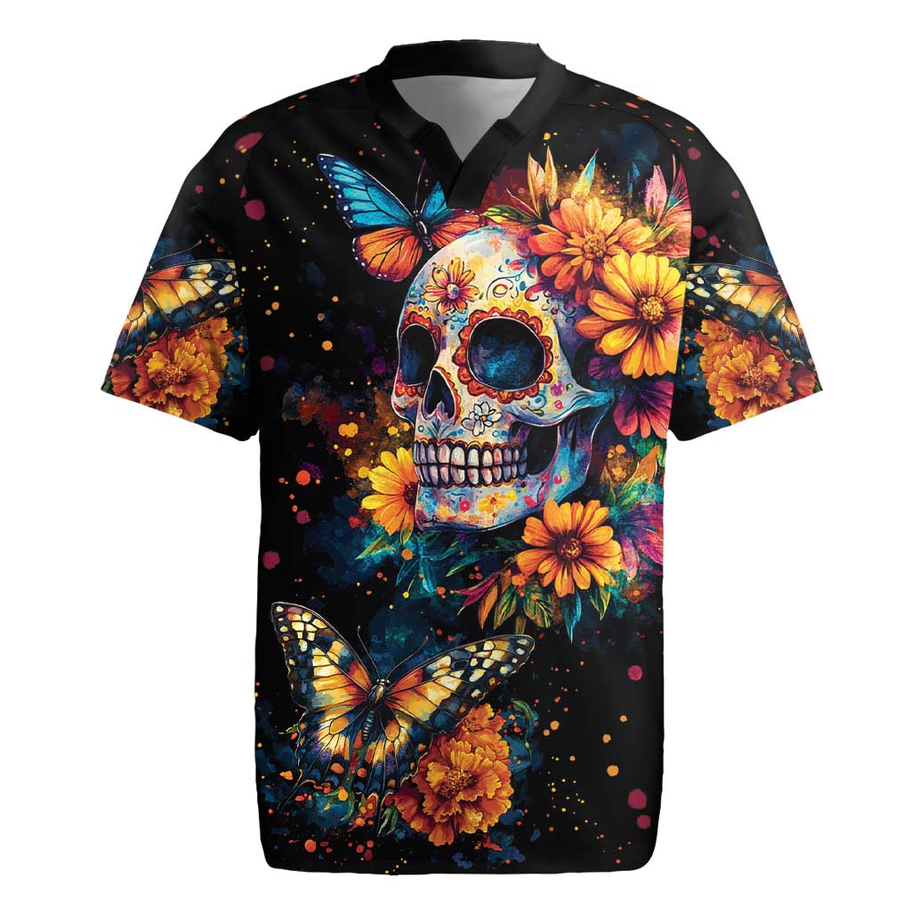 Mexican La Calaca and Marigold Flowers Rugby Jersey Skull Day Of The Dead - Wonder Print Shop