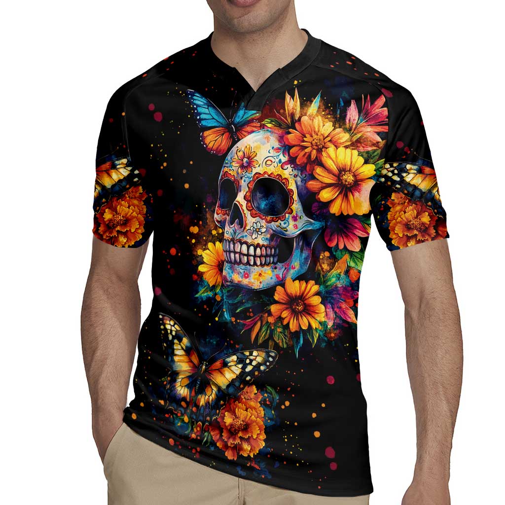 Mexican La Calaca and Marigold Flowers Rugby Jersey Skull Day Of The Dead - Wonder Print Shop