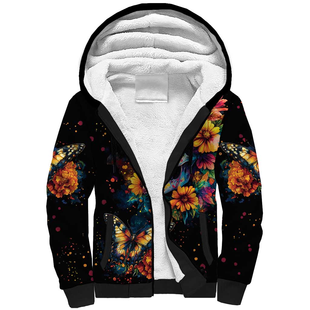 Mexican La Calaca and Marigold Flowers Sherpa Hoodie Skull Day Of The Dead - Wonder Print Shop