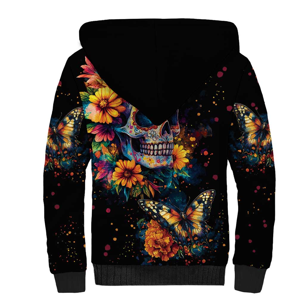 Mexican La Calaca and Marigold Flowers Sherpa Hoodie Skull Day Of The Dead - Wonder Print Shop
