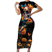 Mexican La Calaca and Marigold Flowers Short Sleeve Bodycon Dress Skull Day Of The Dead - Wonder Print Shop