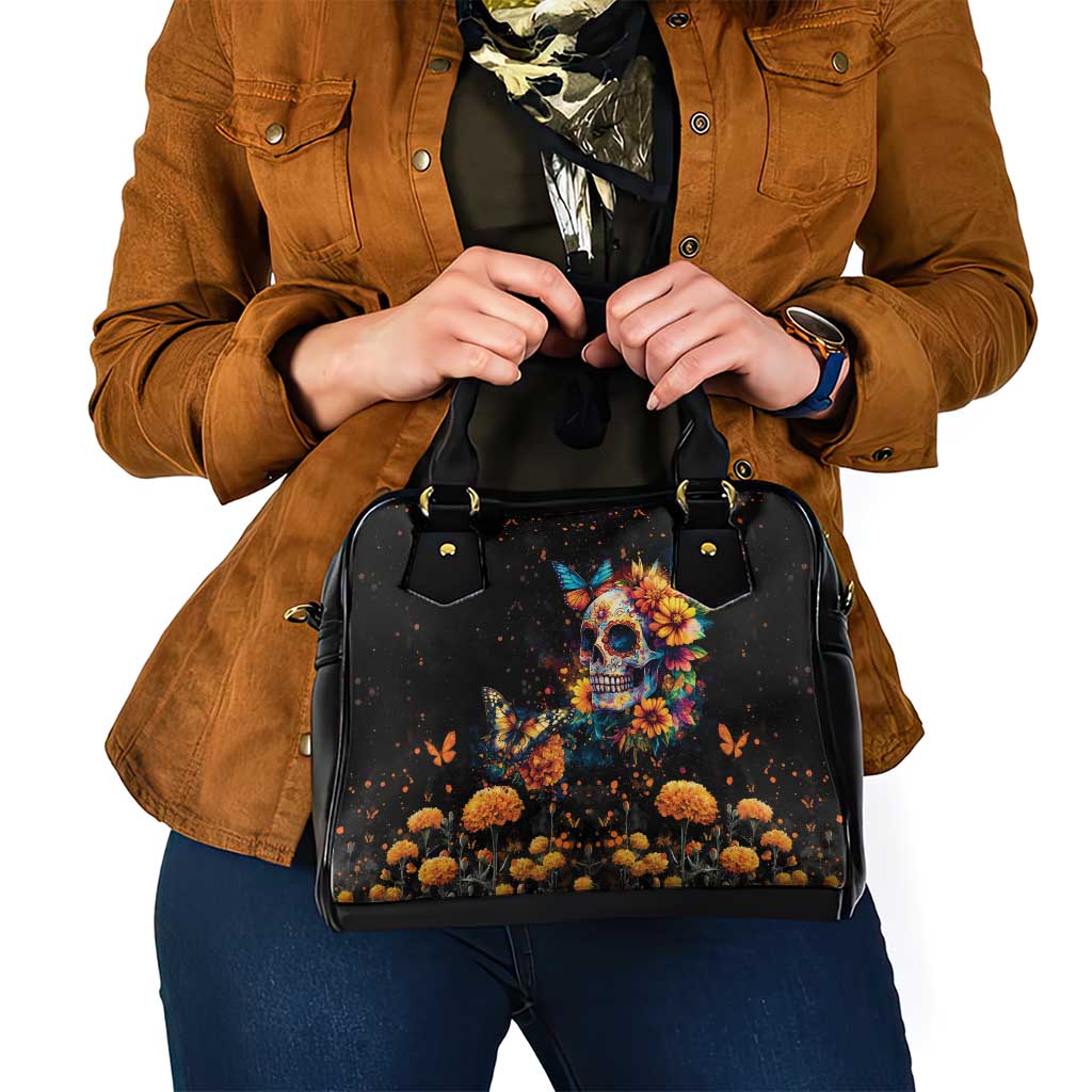 Mexican La Calaca and Marigold Flowers Shoulder Handbag Skull Day Of The Dead