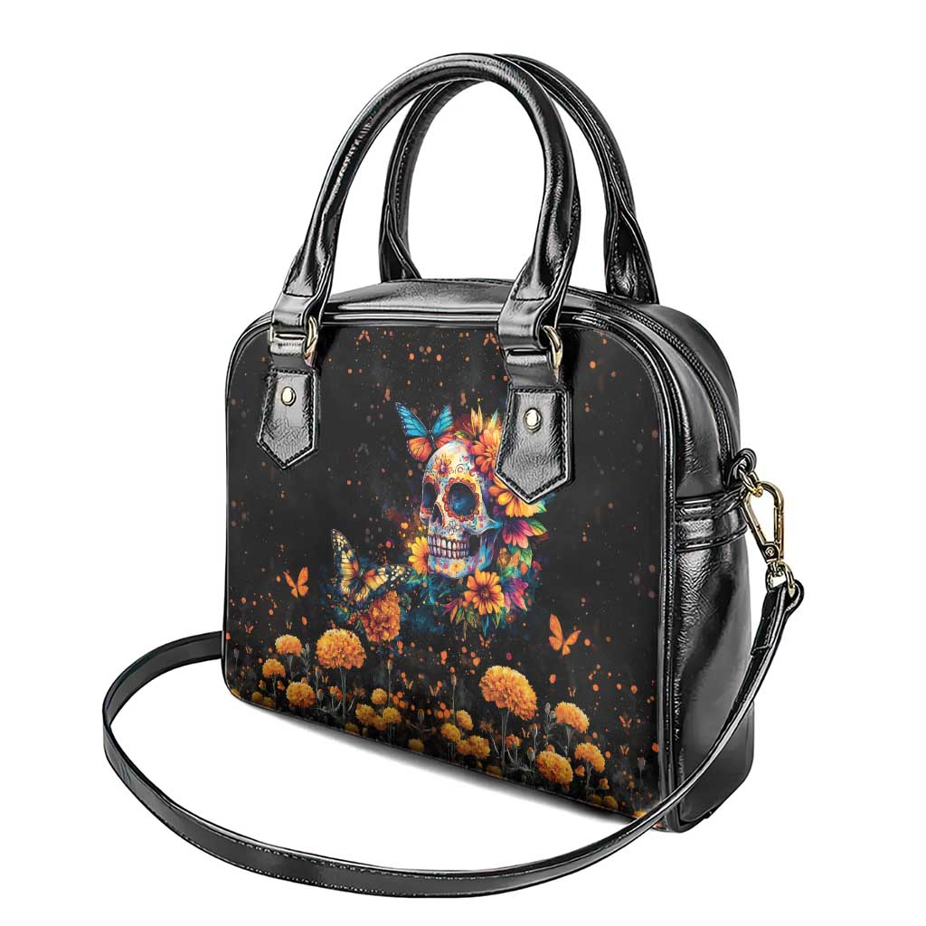 Mexican La Calaca and Marigold Flowers Shoulder Handbag Skull Day Of The Dead