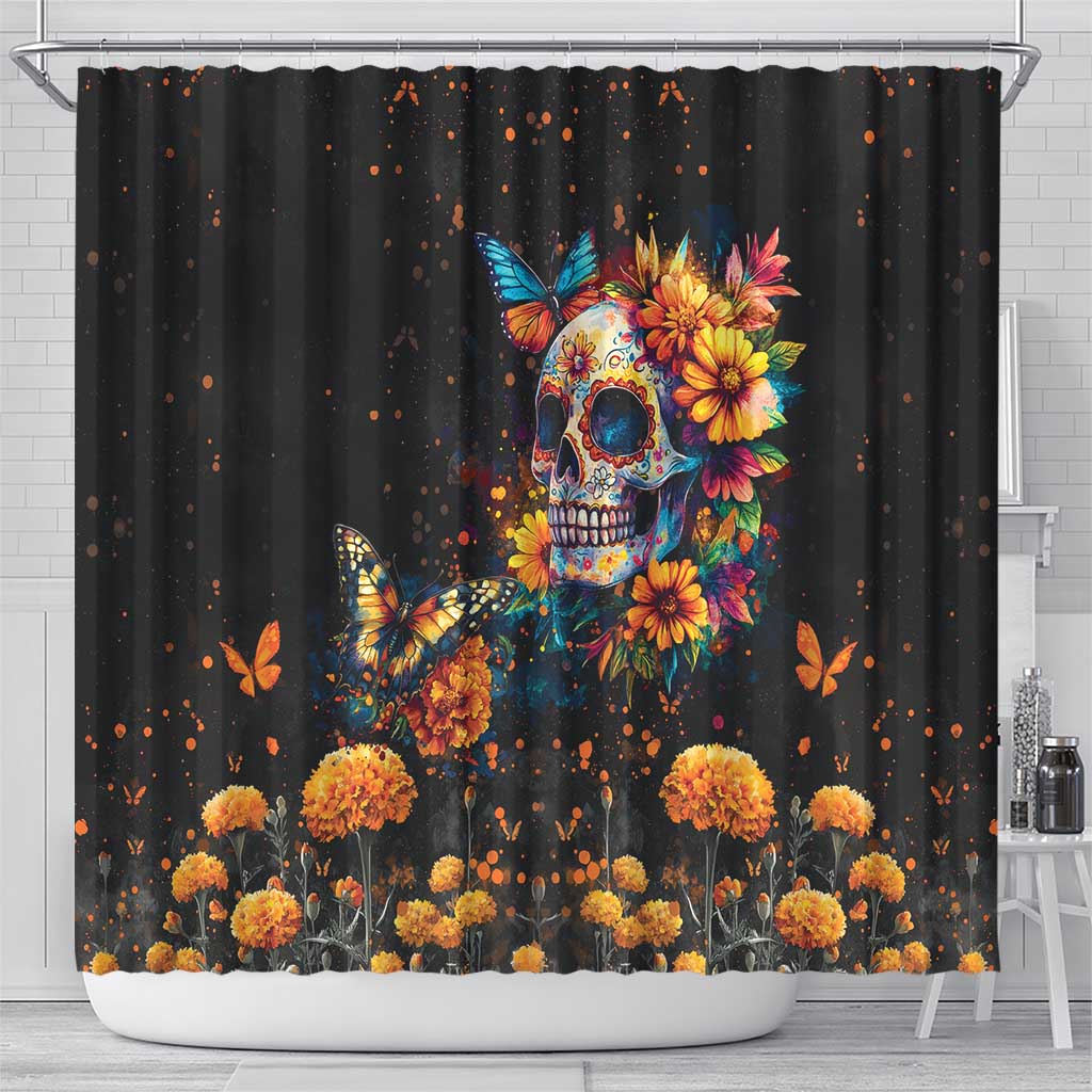 Mexican La Calaca and Marigold Flowers Shower Curtain Skull Day Of The Dead
