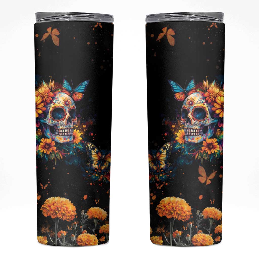Mexican La Calaca and Marigold Flowers Skinny Tumbler Skull Day Of The Dead - Wonder Print Shop