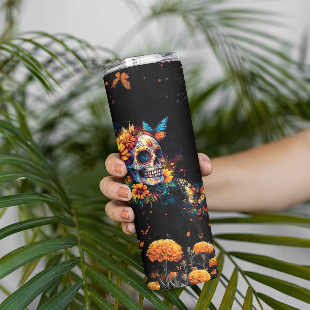 Mexican La Calaca and Marigold Flowers Skinny Tumbler Skull Day Of The Dead - Wonder Print Shop