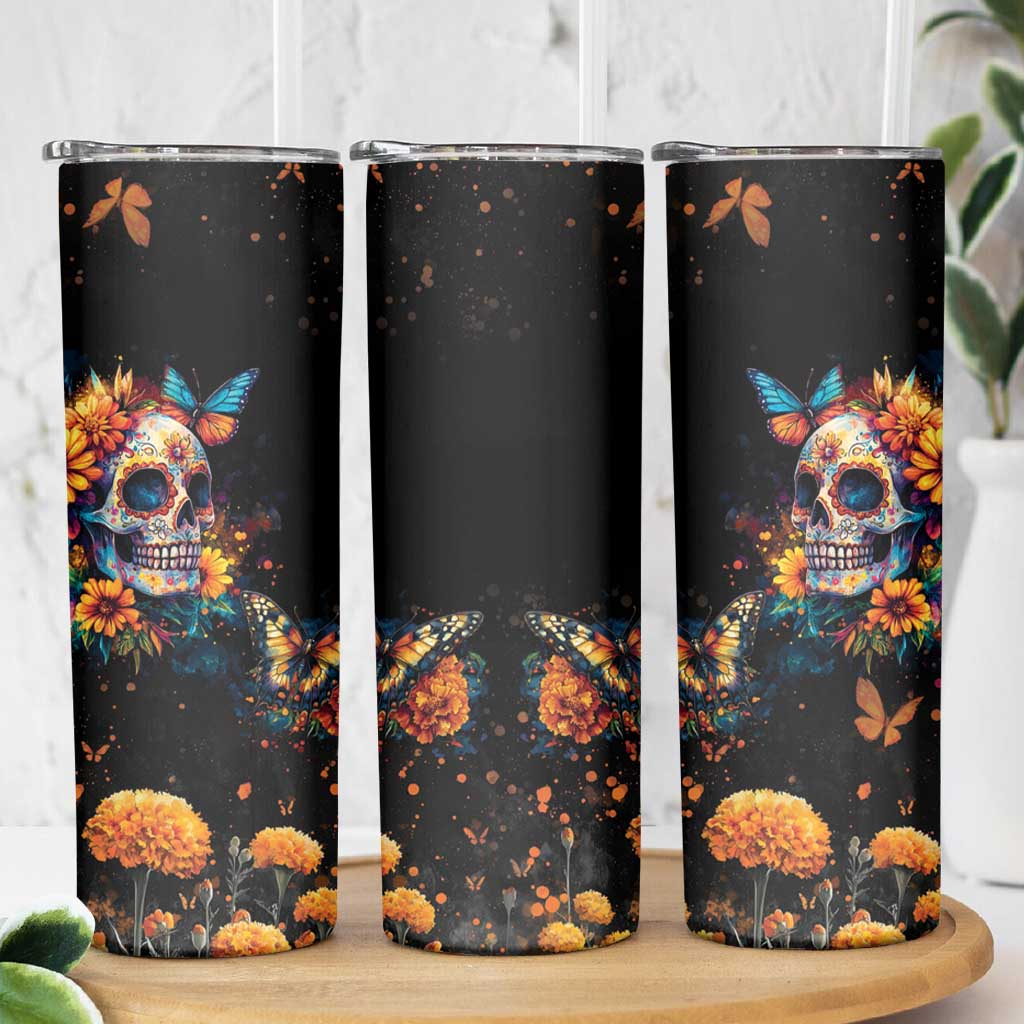 Mexican La Calaca and Marigold Flowers Skinny Tumbler Skull Day Of The Dead - Wonder Print Shop