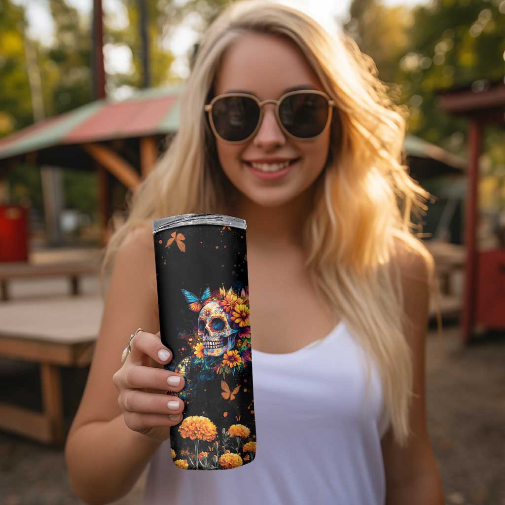 Mexican La Calaca and Marigold Flowers Skinny Tumbler Skull Day Of The Dead - Wonder Print Shop