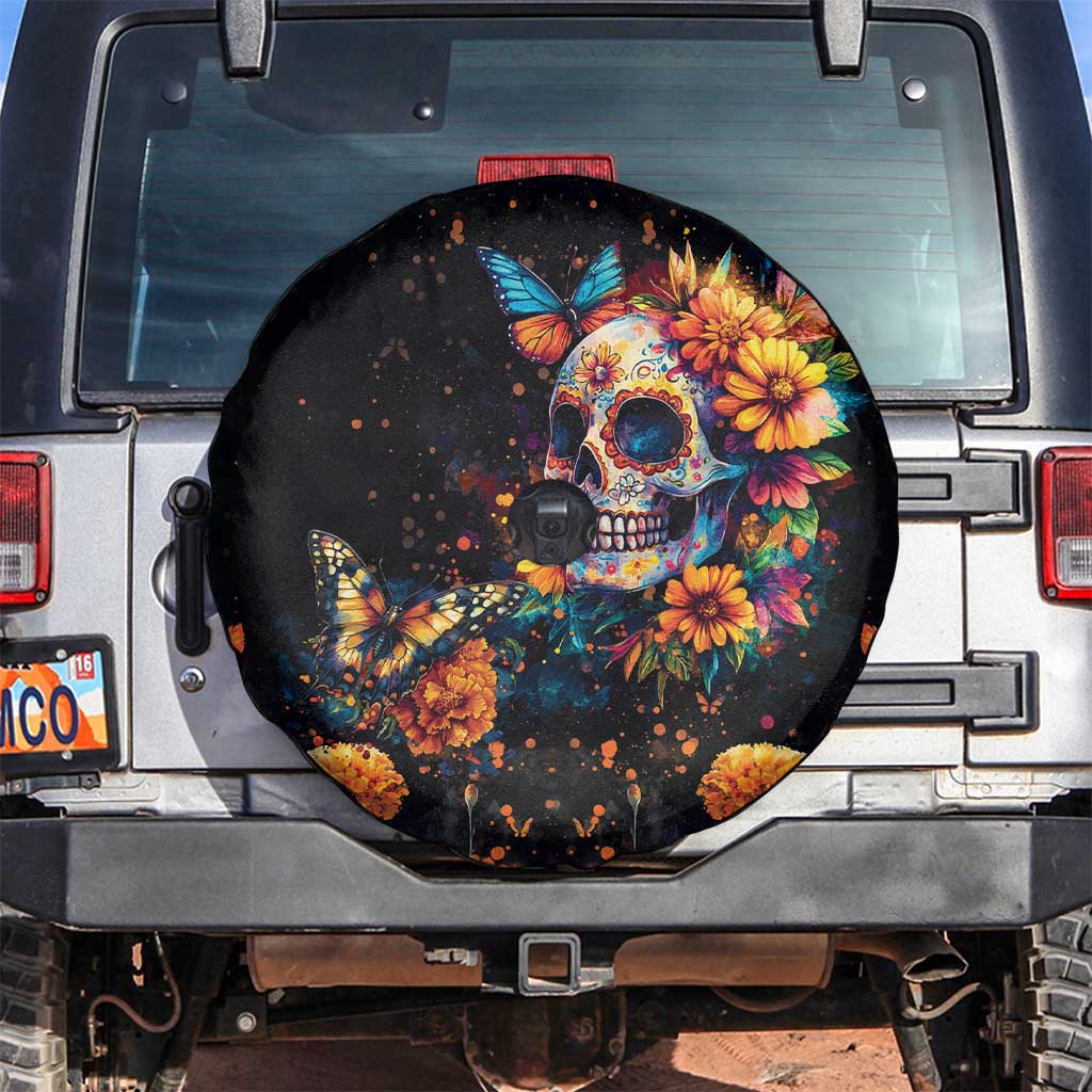 Mexican La Calaca and Marigold Flowers Spare Tire Cover Skull Day Of The Dead - Wonder Print Shop