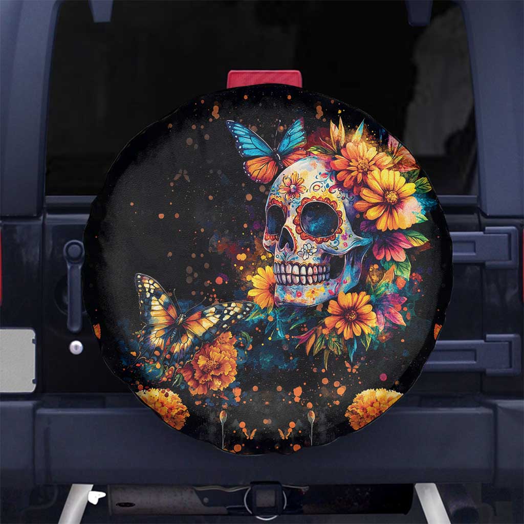 Mexican La Calaca and Marigold Flowers Spare Tire Cover Skull Day Of The Dead - Wonder Print Shop