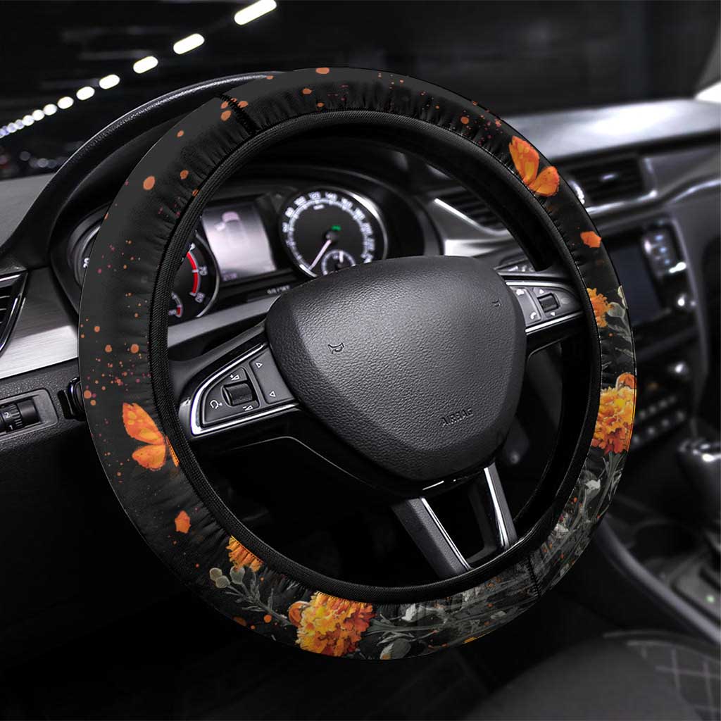 Mexican La Calaca and Marigold Flowers Steering Wheel Cover Skull Day Of The Dead - Wonder Print Shop
