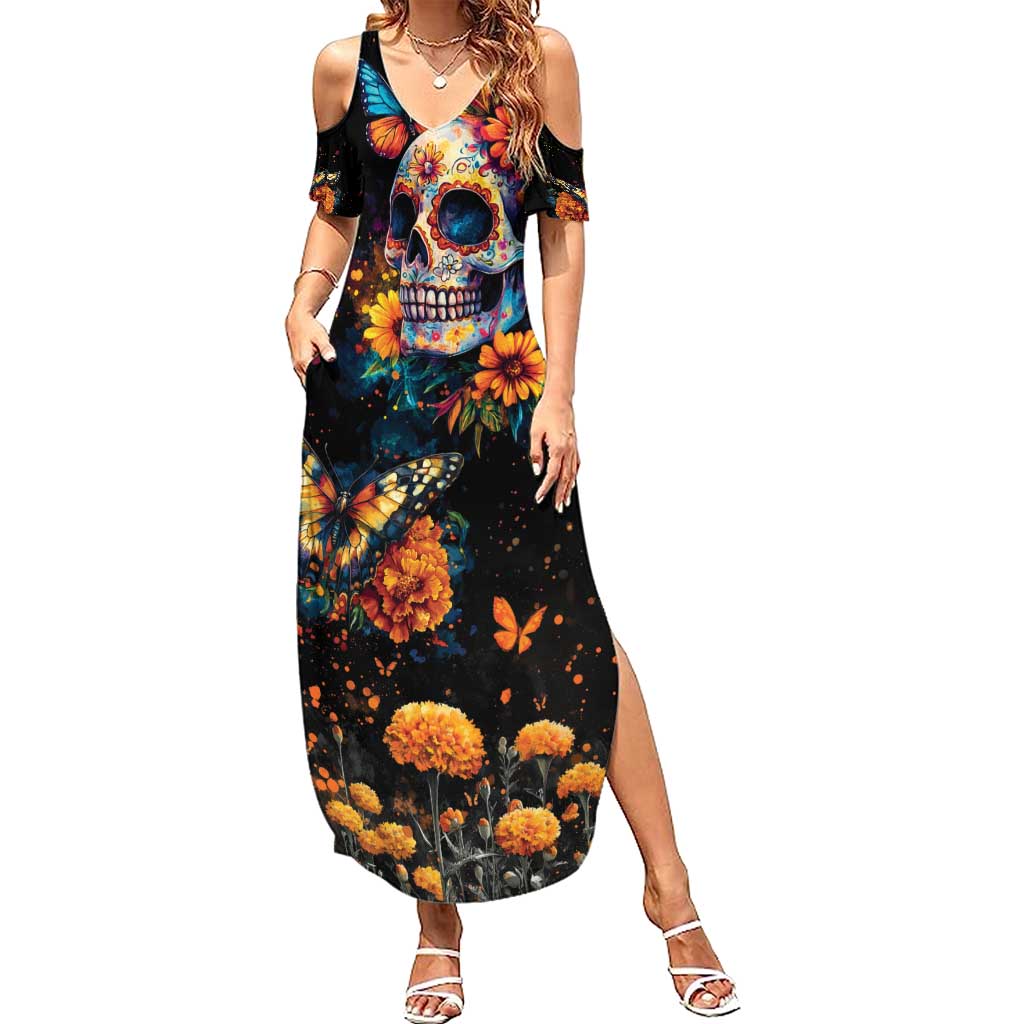 Mexican La Calaca and Marigold Flowers Summer Maxi Dress Skull Day Of The Dead - Wonder Print Shop