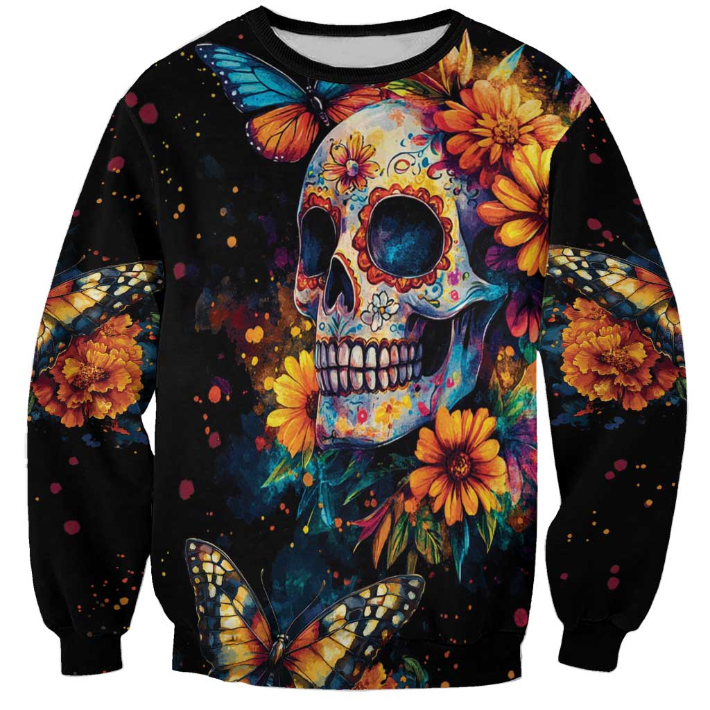 Mexican La Calaca and Marigold Flowers Sweatshirt Skull Day Of The Dead - Wonder Print Shop