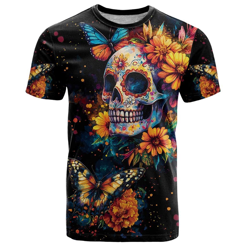Mexican La Calaca and Marigold Flowers T Shirt Skull Day Of The Dead - Wonder Print Shop