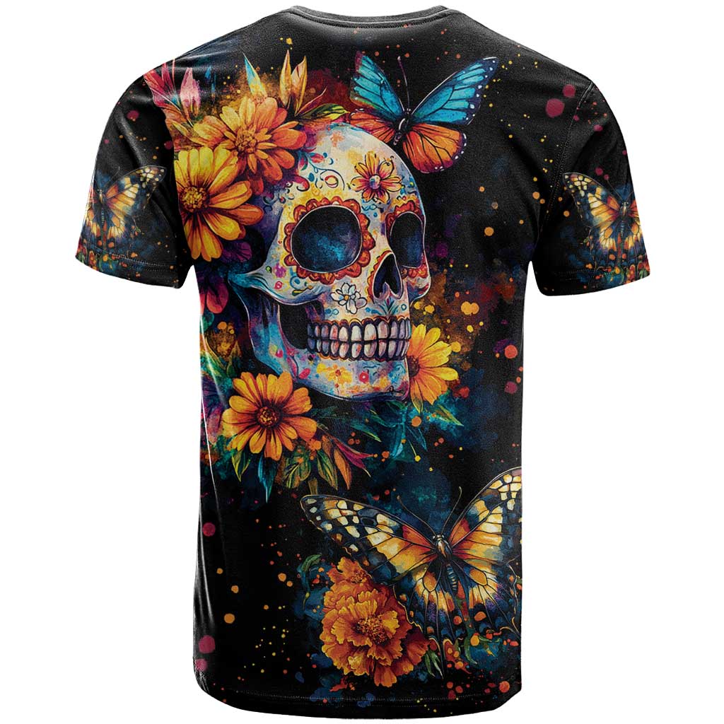 Mexican La Calaca and Marigold Flowers T Shirt Skull Day Of The Dead - Wonder Print Shop