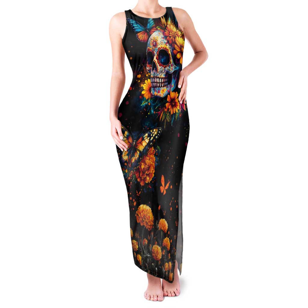 Mexican La Calaca and Marigold Flowers Tank Maxi Dress Skull Day Of The Dead - Wonder Print Shop