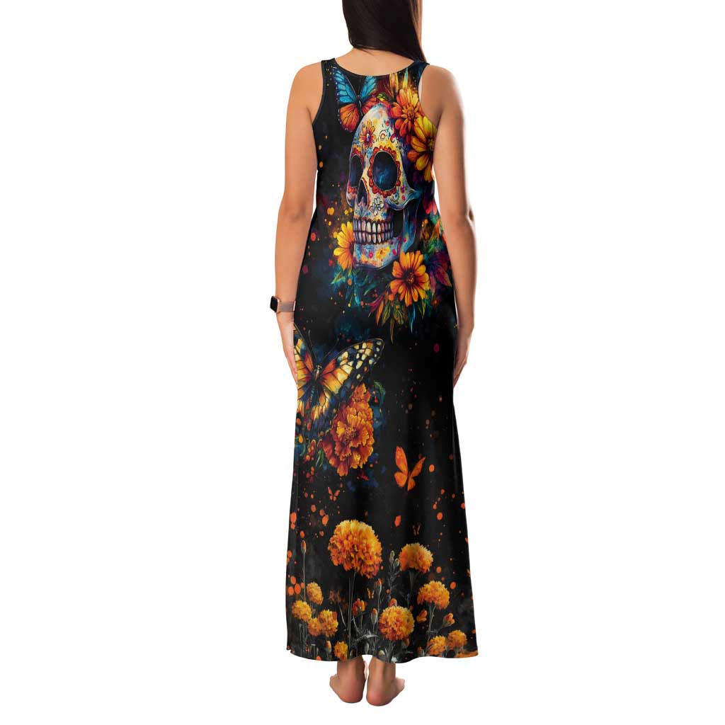 Mexican La Calaca and Marigold Flowers Tank Maxi Dress Skull Day Of The Dead - Wonder Print Shop