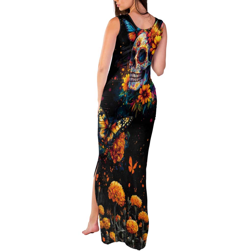 Mexican La Calaca and Marigold Flowers Tank Maxi Dress Skull Day Of The Dead - Wonder Print Shop