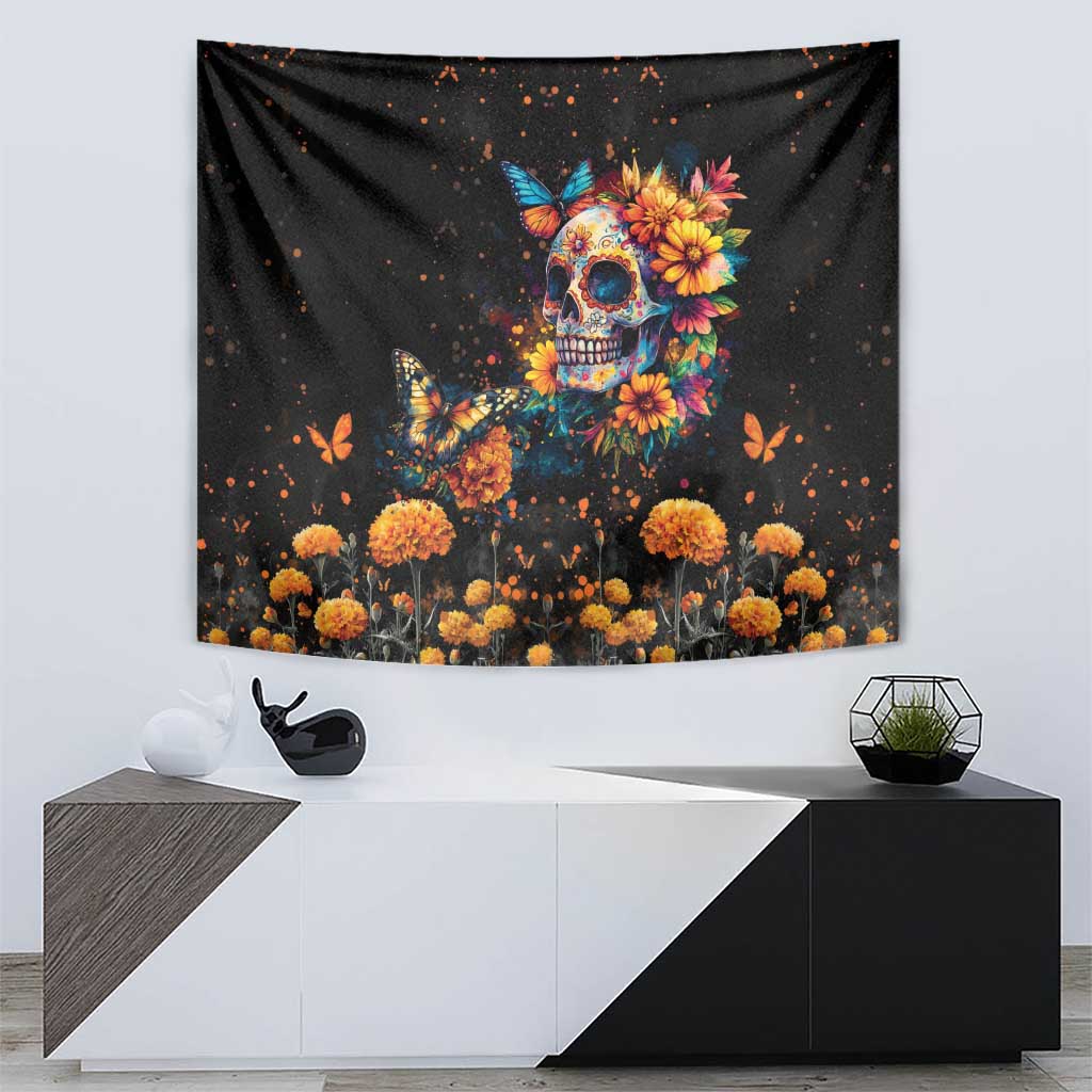 Mexican La Calaca and Marigold Flowers Tapestry Skull Day Of The Dead - Wonder Print Shop