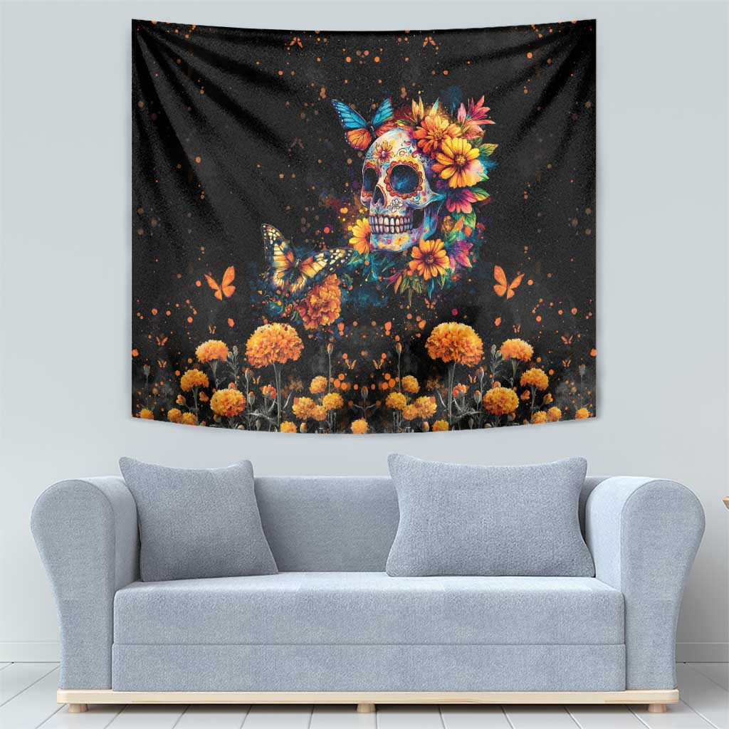 Mexican La Calaca and Marigold Flowers Tapestry Skull Day Of The Dead - Wonder Print Shop