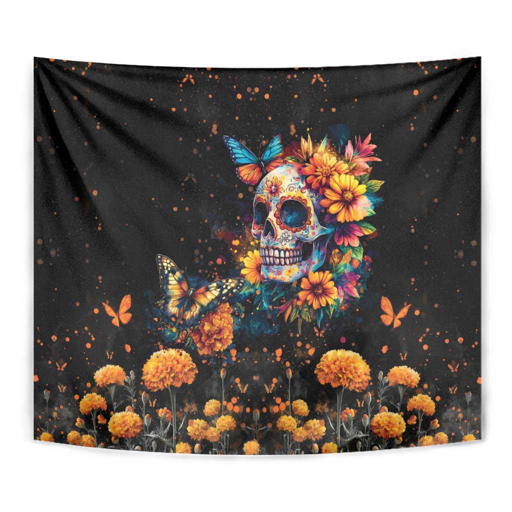 Mexican La Calaca and Marigold Flowers Tapestry Skull Day Of The Dead - Wonder Print Shop
