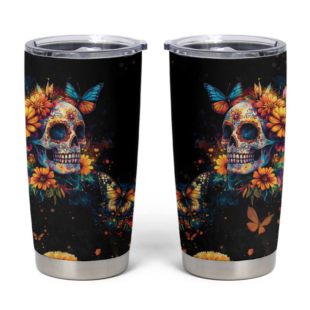 Mexican La Calaca and Marigold Flowers Tumbler Cup Skull Day Of The Dead - Wonder Print Shop