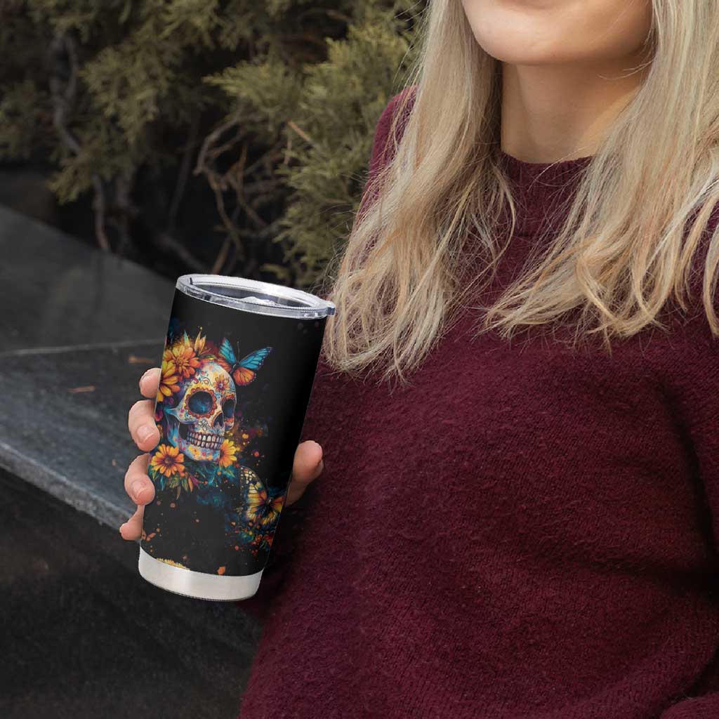 Mexican La Calaca and Marigold Flowers Tumbler Cup Skull Day Of The Dead - Wonder Print Shop